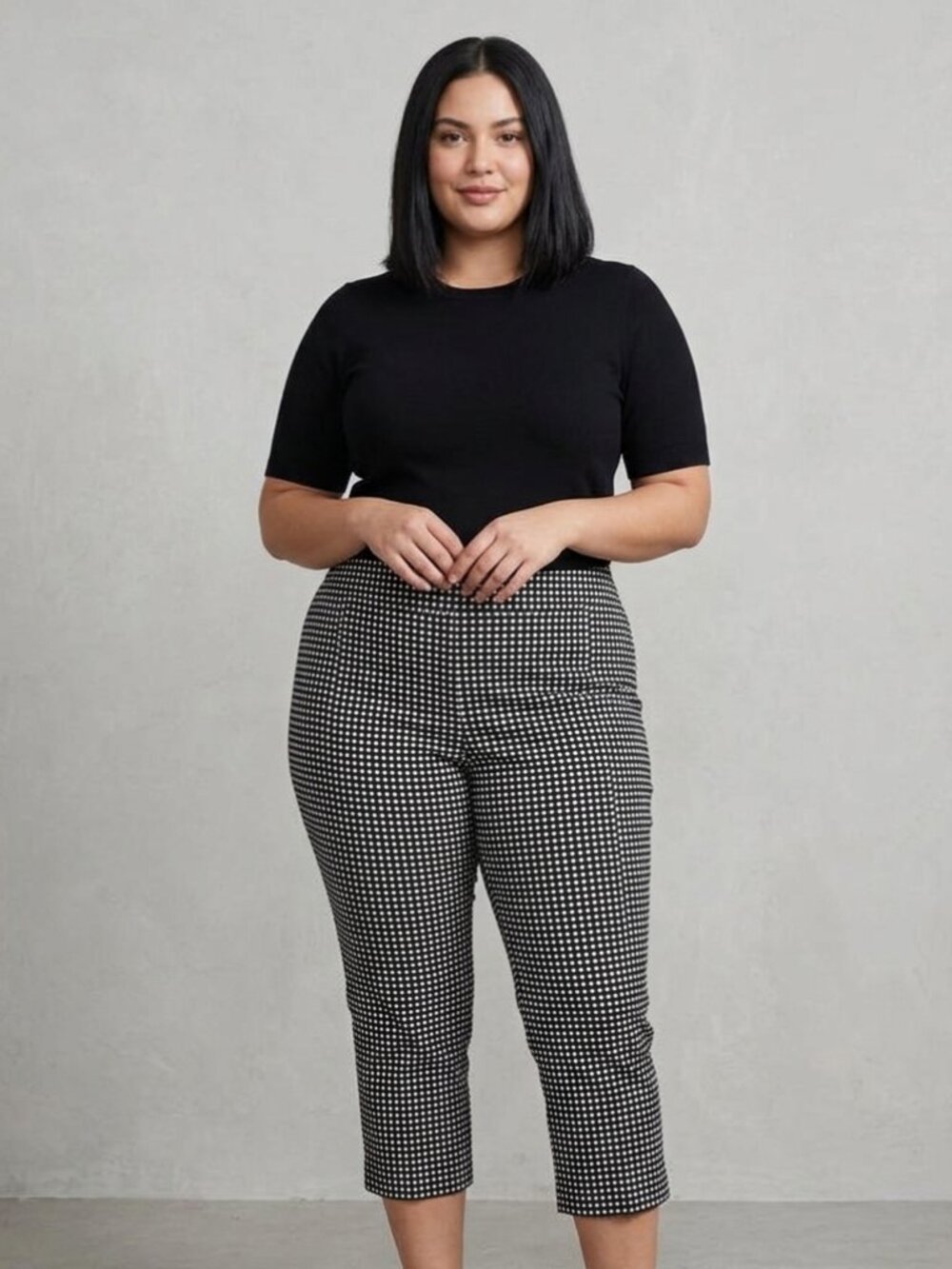 Michel Studio Alexa Collection Stretchy Black and White Plaid Capri Pants